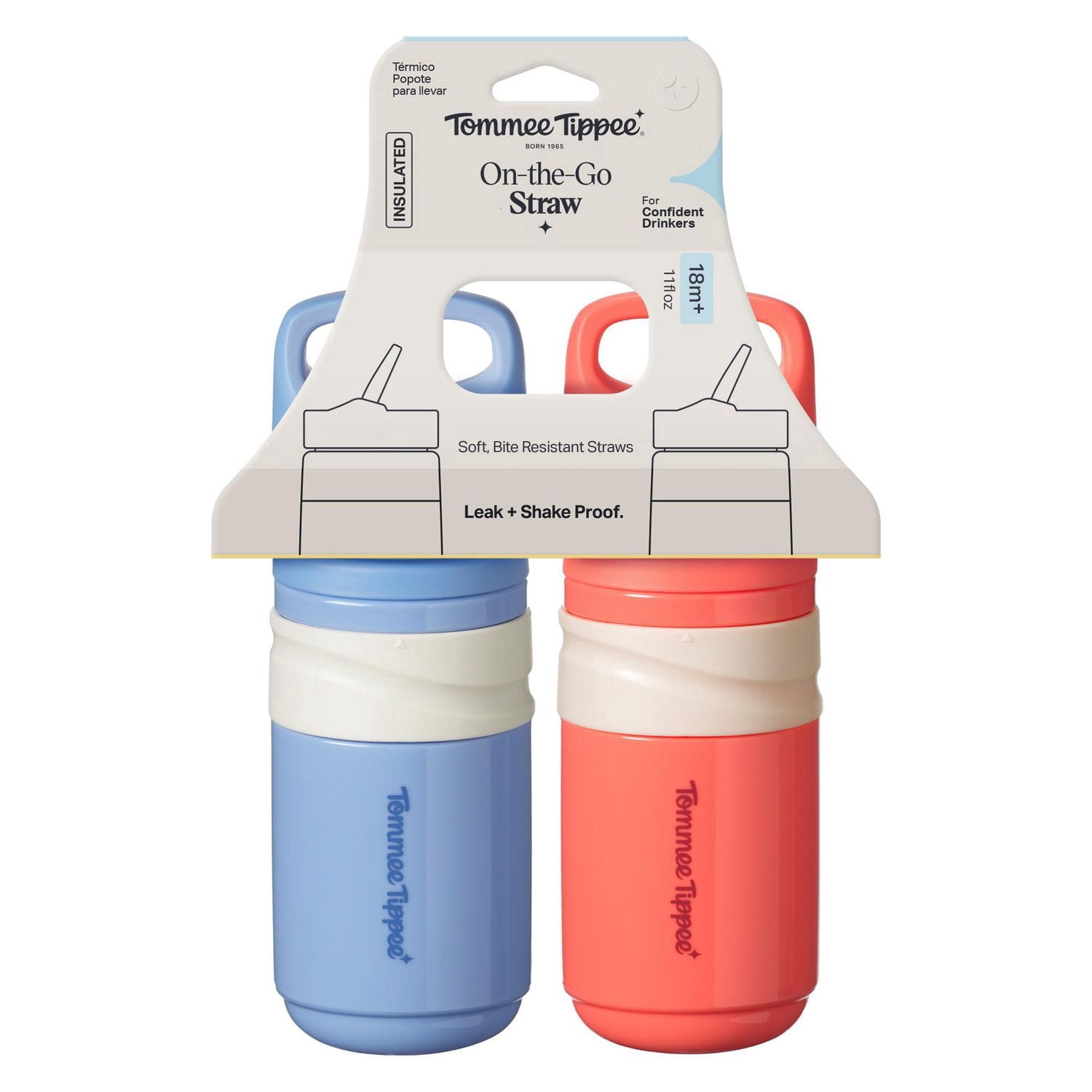 Tommee Tippee Insulated on-the-go Straw Cup, 2x 11oz Cups, 18 Months+, Spill Proof Toddler Water Bottle, Push-To-Open Lid, Blue and Red
