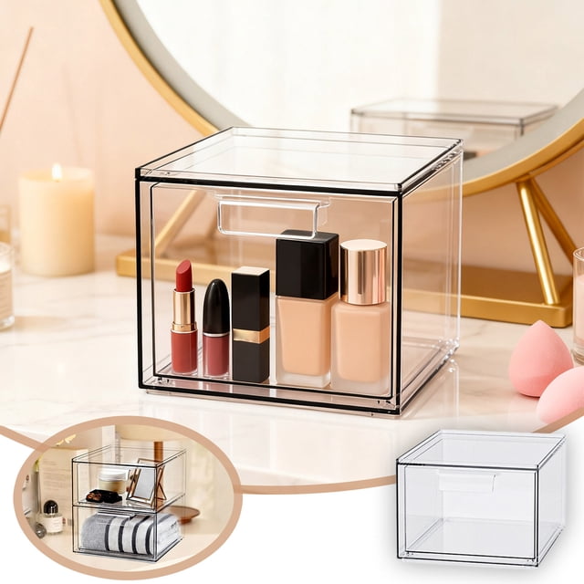 Transparent Stackable Storage Drawer Organizer With 44 Inch High Acrylic Container For Bathroom Cosmetics And Cabinet