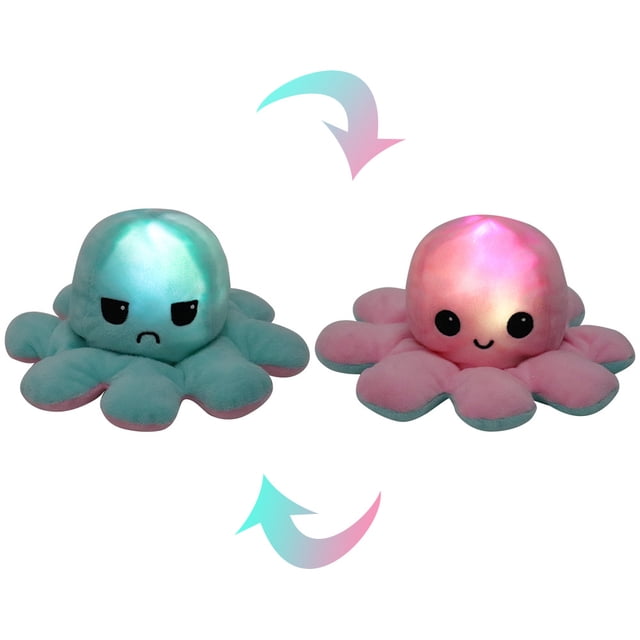 Octopus Stuffed Animal Angry Reversible Octopus plushie Oversized centered, front-facing oversized reversible octopus plush showing two mood faces — angry with stitched eyebrow shapes and smiling — plush kawaii fabric, rounded tentacles and visible seam where reversed; suitable for nursery, cuddling or as a desk stress-relief prop.