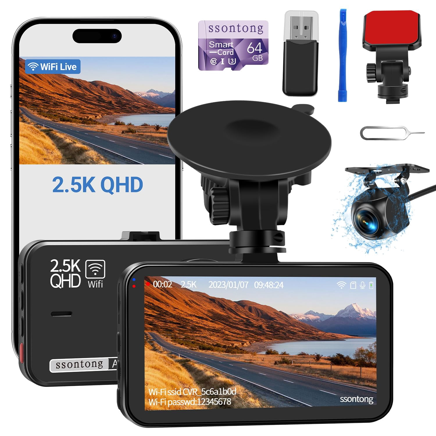 Dash Cam Front and Rear, Dash Camera for Cars WiFi/APP Control Dual Dashcam W/ 64GB Card, 2.5K Dash Cam Front+1080P Rear Car Camera W/Super Night Vis