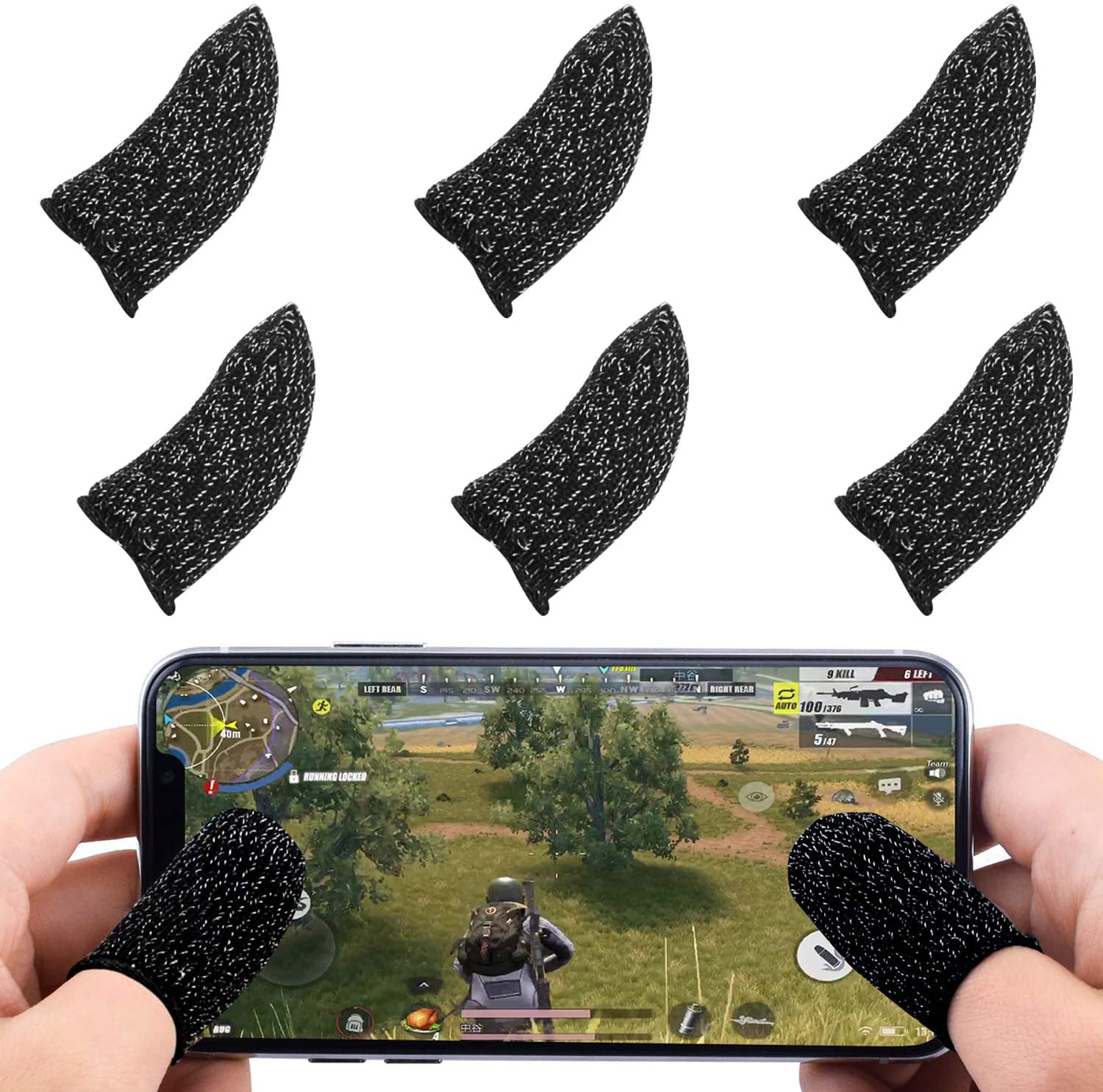 Pubg Mobile Game Finger Sleeve [Pack Of 6], Touch Screen Finger Sleeve Breathable Anti-Sweat-Sensitive Target And Target Buttons For Rules Of Survival / Knives Out - Black
