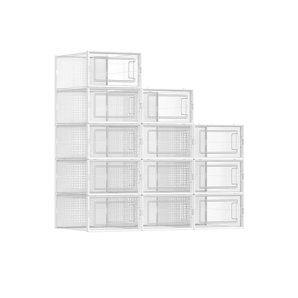 SONGMICS Shoe Boxes, pack of 12 Shoe Storage Organizers, Stackable Clear Plastic Boxes for Closet, Fit up to US Size 11, Transparent and White