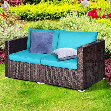 Gymax Ensemble de Canapé d'Angle en Rotin 2 Pcs, Ensemble de Mobilier de Patio Extérieur avec 4 Coussins Bleus