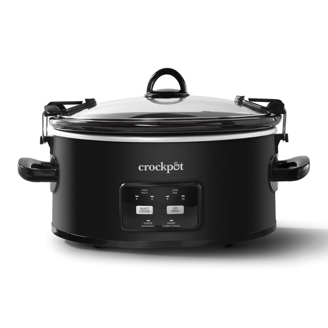 Crock-Pot Mijoteuse de 6 Pintes Cook & Carry avec Corps Cylindrique Noir, Couvercle en Verre Transparent Verrouillable avec Poignée et Deux Poignées Latérales Noires. le Panneau avant Offre des Commandes à une Touche pour les Réglages Haut, Bas, Chaud et Arrêt, Convient aux Repas en Famille et aux Voyages.