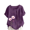 thumbnail image 1 of Pisexur Hauts pour Femmes, Chemisiers pour Femmes Chic Décontracté, Haut en Lin Décontracté pour Femmes à Col Rond Grande Taille Imprimé à Manches Courtes avec Boutons T-shirt Blouse Violet, P, 1 of 5