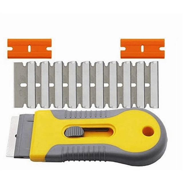 Ceramic glass cooktop scraper knife cleaner with safety cap, featuring a yellow and gray handle with a sliding mechanism, accompanied by multiple stainless steel replacement blades and two orange plastic blades. Ideal for cleaning labels, stickers, adhesives, and paint from windows, windshields, and ceramic glass surfaces.