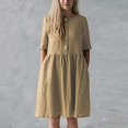 thumbnail image 2 of Robe d'Été pour Femmes en Coton et Lin Uni à Manches Courtes, Boutonnée, Col Ras du Cou, Robe Décontractée Plissée, Ample et Fluide, Robe de Plage avec Poches, 2 of 7