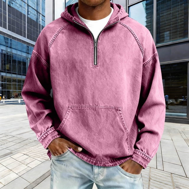 Ceisia Men's Loose Fit Washed Distressed Denim Half-Zip Hooded Pullover Sweatshirt Gifts