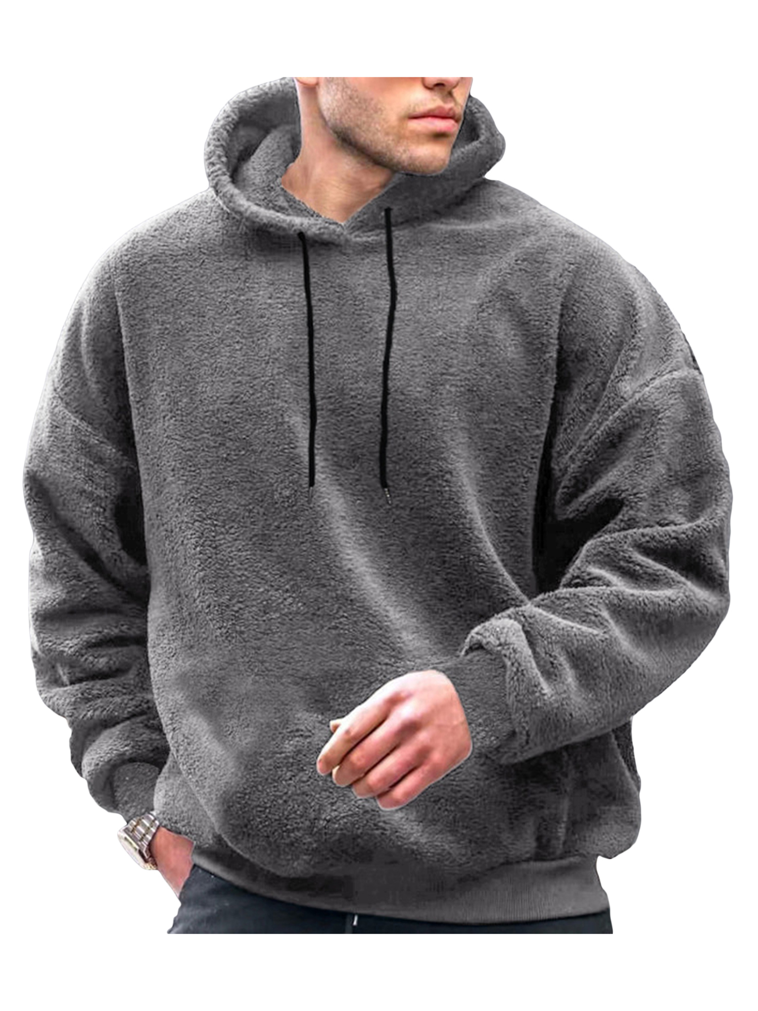 FOCUSNORM Men Plush Loose Hoodies Solid Color Drawstring Hooded Sweatshirts Long Sleeve Tops Fall Winter Casual Pullovers