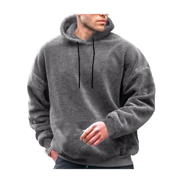 FOCUSNORM Men Plush Loose Hoodies Solid Color Drawstring Hooded Sweatshirts Long Sleeve Tops Fall Winter Casual Pullovers
