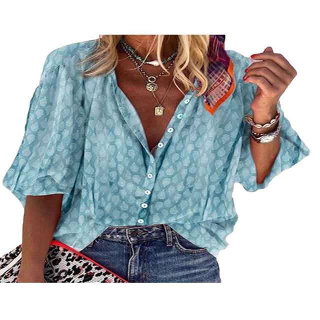 Plus Size V Cou Manches 3/4 Bouton Bas Casual Floral Tops