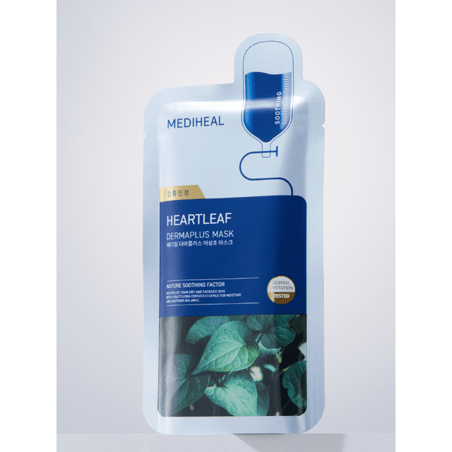 Mediheal Dermaplus Heartleaf Mask 22ml sheet mask in a front-facing sachet with blue and white packaging, showing an IV drip graphic labeled 'Soothing' and green heartleaf leaves, designed to calm and soothe sensitive skin with anti-inflammatory benefits.