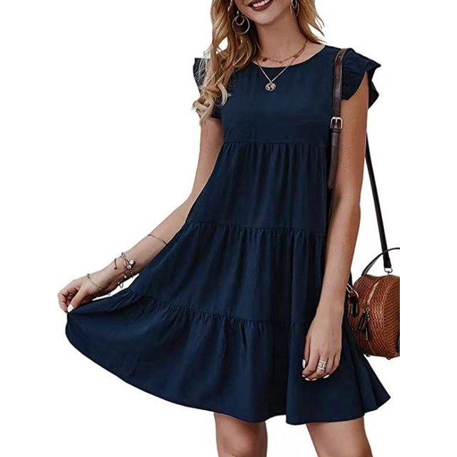 UKAP Robe T-Shirt pour Femme, Robe d'Été Évasée, Courte Mini, Simple Boho, Bleu Foncé, TG