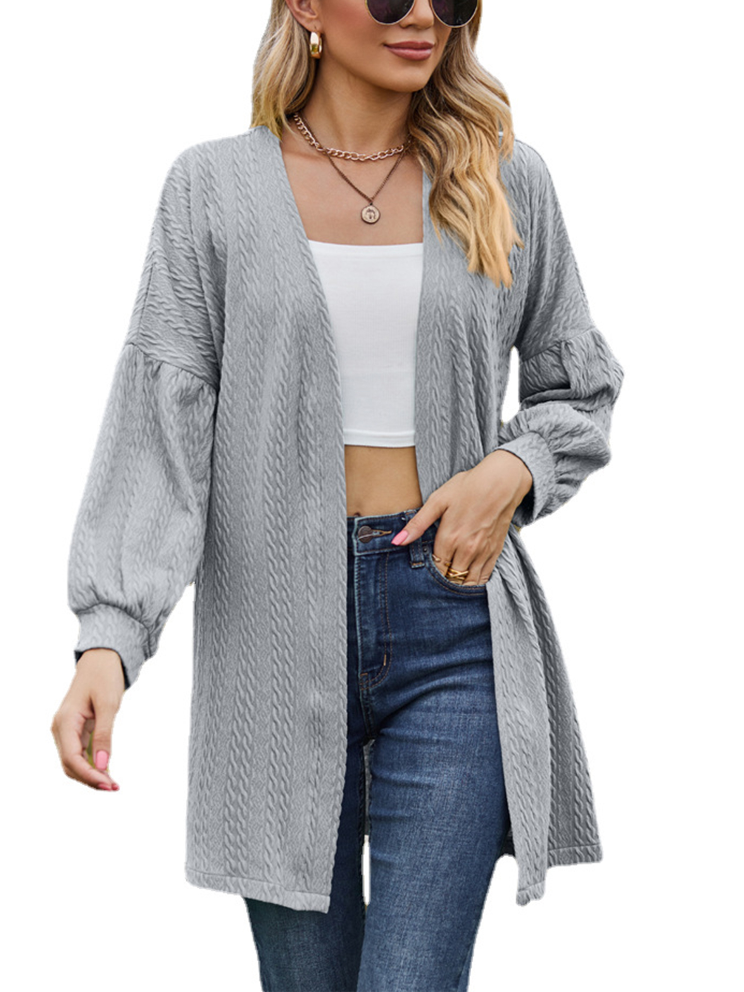 Avamo Ladies Cardigan Open Front Outwear Solid Color Knit Cardigans Lightweight Tunic Tops Work Blue Gray M