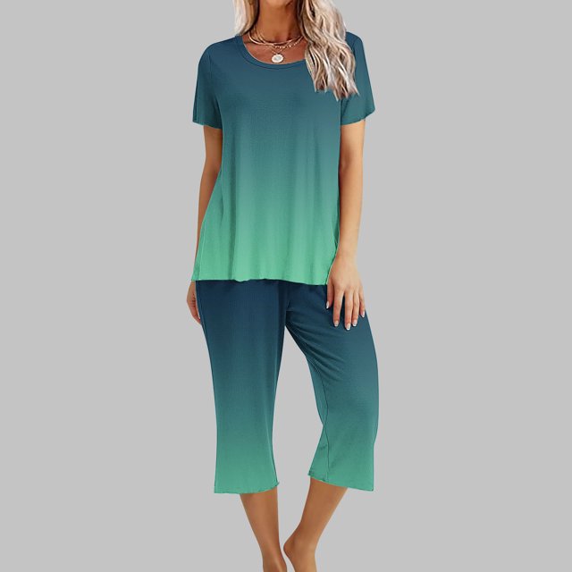 Offre à Durée Limitée Iumwxz Tenues de Pyjama Décontractées et Fluides Tenues d'Été Mignonnes pour Femmes Imprimé Dégradé Col Rond Manches Courtes Taille Élastique Pantalon Court Tenues pour Femmes Cadeaux de Vacances