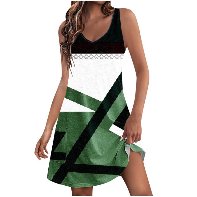 VEKDONE Robes Sans Manches pour Femmes Tendance à Imprimé Géométrique, Robes d'Été à Col en V avec Poches 2024, Robe de Plage Ample et Fluide à Volants, Vert TTG