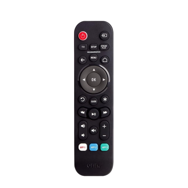 onn. Battery Powered TV and Streaming 3-Device Remote with a slim black design, featuring a red power button, directional pad with OK button, volume and channel controls, playback buttons, and three colored app shortcut keys labeled APP 1, APP 2, and APP 3, ideal for controlling TVs, soundbars, and streaming or cable boxes as a versatile TV accessory.