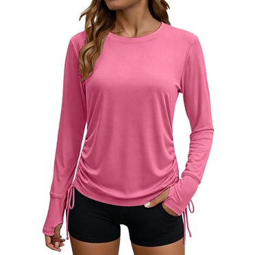 Ymauqau T Shirts for Women Long Sleeve Crew Neck Side Drawstring Athletic Casual Tunic Tops Workout Yoga Tees with Thumb Holes