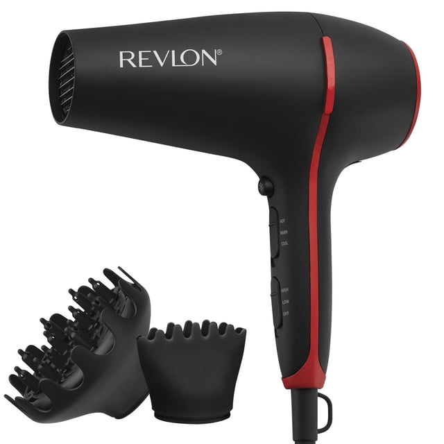 Revlon SmoothStay™ Coconut-oil Infused Hair Dryer in matte black with red accents, featuring ergonomic handle with 3 heat and 2 speed settings, including concentrator comb and volumizing diffuser attachments for fast drying and frizz control with tourmaline ionic technology.
