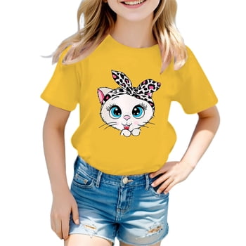 TIEVOSA Kid Girls Cute Graphic Round Neck Short Sleeve Tee Summer Casual T Shirt for 11-12 Years(Yellow)