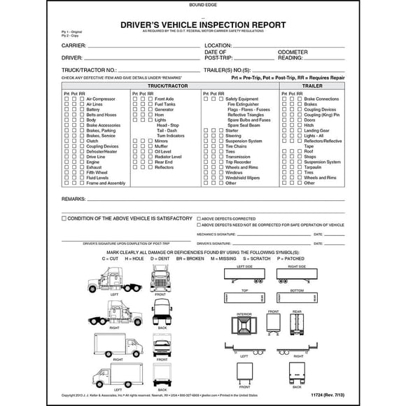 Detailed Driver's Vehicle Inspection Report with Truck & Tractor-Trailer Illustrations 5-pk. - Book Format with 31 Sets, 2-Ply Carbonless, 8.5" x 11", J. J. Keller & Associates, Inc.