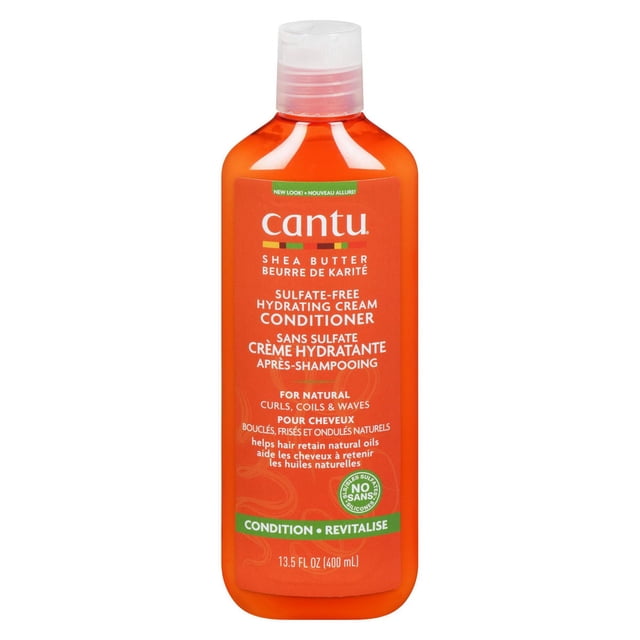 Revitalisant Crème Hydratante au Beurre de Karité par Cantu en Bouteille orange de 13,5 fl oz (400 ml) avec Bouchon à Rabat Transparent, Revitalisant Hydratant Sans Sulfate Qui Aide les Boucles, Boucles et Ondulations Naturelles à Rétenir les Huiles et à Réduire la Casse, Idéal pour les Soins Capillaires Format Voyage.