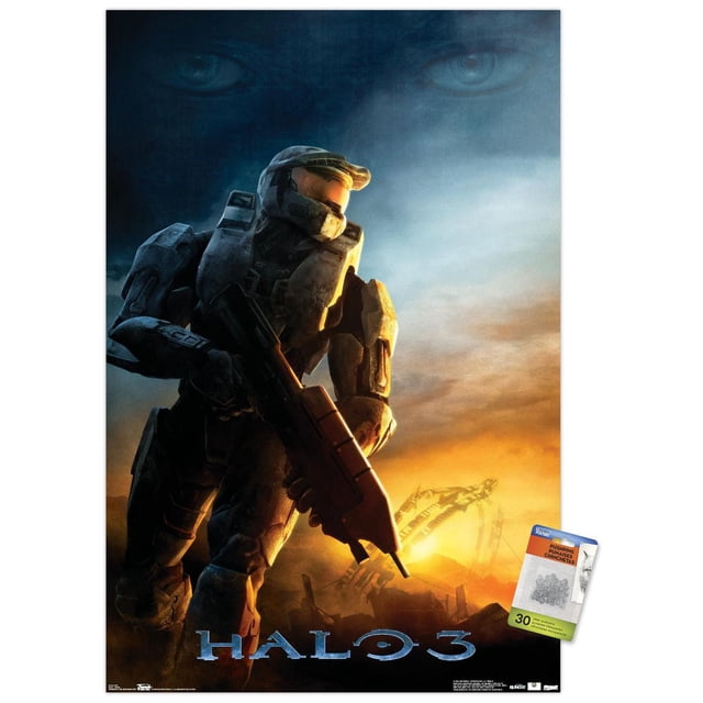 Halo 3 - Affiche Murale « Awakening », 22,375 Po x 34 Po, Représente un Soldat Blindé Orienté vers l'Avant Tenant un Fusil Futuriste avec un Coucher de Soleil orange Lumineux et une structure Anneau de Science-Fiction en Arrière-Plan, Imprimée sur Papier d'Affiche Lustré, Convenant à la Déco de la Maison et aux Espaces de Jeu.