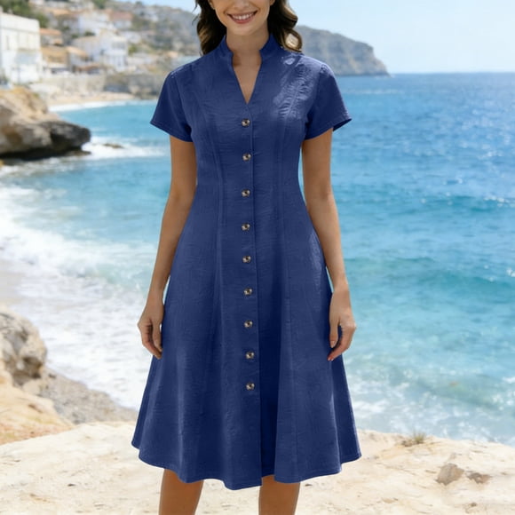Roncen Women Short Sleeve Denim Chambray Midi Dress Button Down V Neck Shirts Dresses A Line Long Casual Summer Dress
