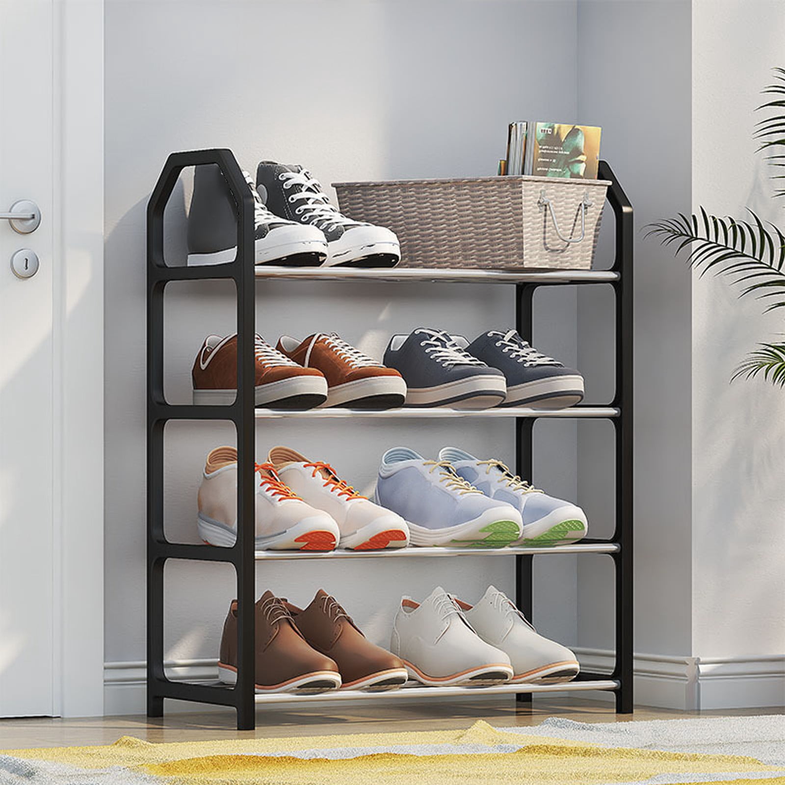 Doorway Shoe Rack with Handrail | Small Entryway Shoe Storage Organizer | Plastic Multi Layer Shelf for Home Entry, Bedroom, or Balcony