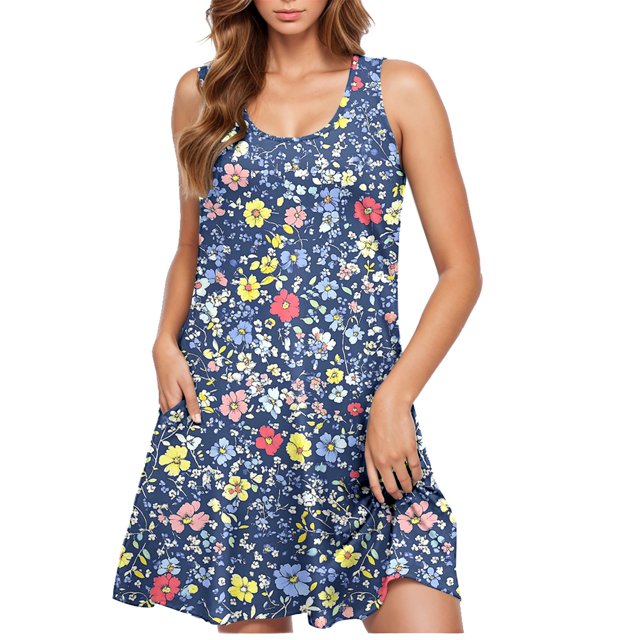 Ovzne Robes d'Été pour Femmes Robe pour Femme Robe Décontractée pour Femme Dégradé Sans Manches Col Ras du Cou Robe à Imprimé Robe pour Femmes Imprimée Liquidation