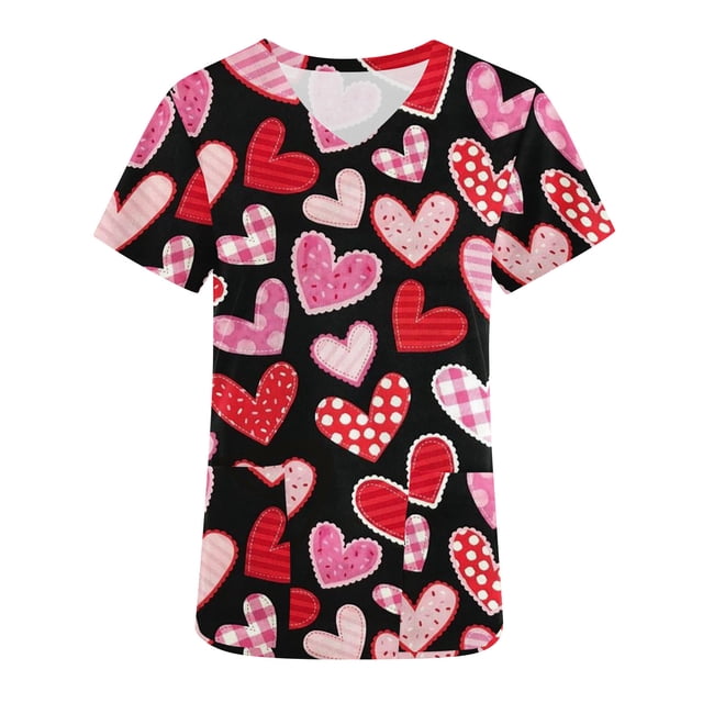 TIMIFIS Haut de Sarrau Noir pour Femmes avec Imprimé à Thème de la Saint-Valentin avec des Cœurs Roses et Rouges sur un Fond Noir. Ce blouse d'Uniforme de Travail à Manches Courtes et Col en V Comprend des Poches Fonctionnelles et Est Fait de Matériau polyester Doux. Conçu pour le Confort et le style, Il Convient au Travail, aux Tenues Décontractées Ou aux Cadeaux. Offert en Taille Grand avec une Mesure de Buste de 114 cm (44.88 Pouces) et une Longueur de 68 cm (26.77 Pouces).