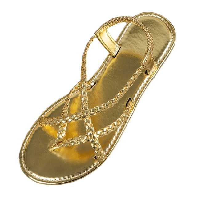 Kcodviy Sandales de Récupération à Brides pour Femmes pour Vacances à la Plage en Or Métallique, avec Brides en PU Tressées et design à Bout Ouvert. Ces Sandales Plates pour Femmes Ont une Semelle en Caoutchouc durable, Offrant Confort et Respirabilité pour les Sorties d'Été. Idéales comme Chaussures de Plage pour une Utilisation Intérieure et Extérieure.