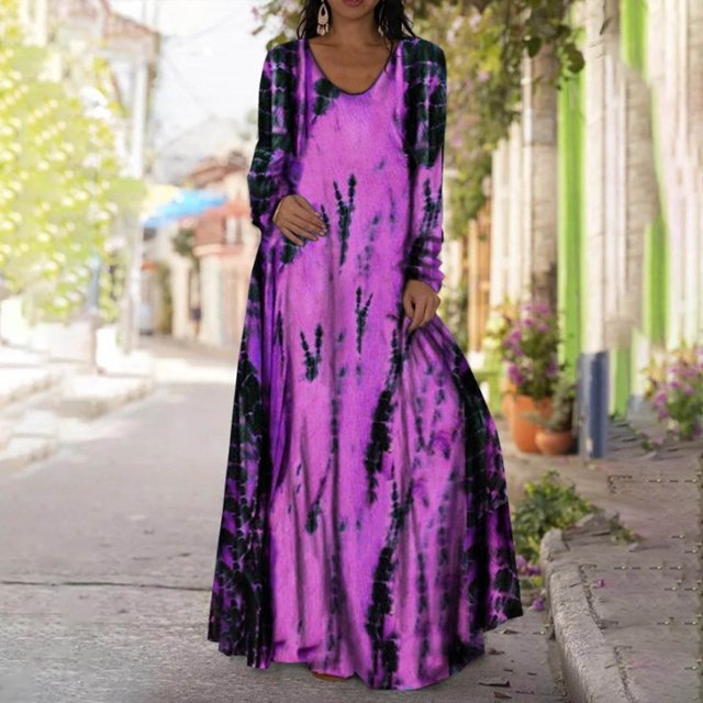 CEHVOM Women's Fashion Casual Round Neck Long Sleeve 3D Printed Long Dress