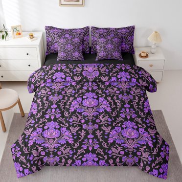 Erosebridal Ensemble de Literie Élégance Damas Taille Grand, Ensemble de Couette Noir et Violet avec Draps, Respirant 7 Pcs