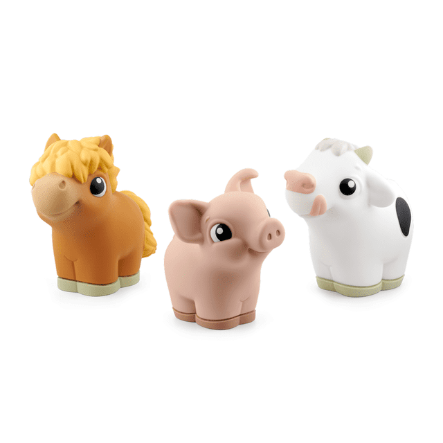 tonies My First Tonies: Farm 3-pack Set featuring three soft, squeezable farm animal figures for toddlers aged 1 and up, including a brown horse, a pink pig, and a white cow with black spots, designed to encourage early language skills through interactive play with real animal sounds and songs.