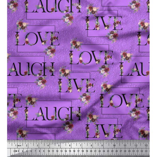 Soimoi Purple Velvet Fabric Floral Love Text Decor Fabric Printed Yard 60 Inch Wide