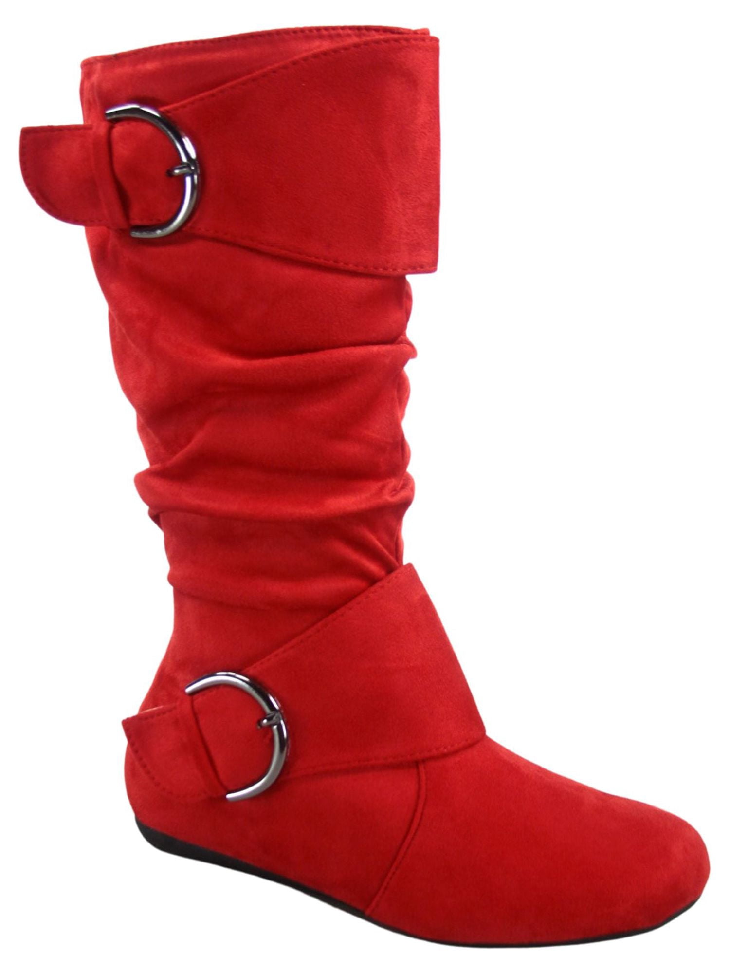 Bottes Mi-Mollet à Bout Rond pour Femmes Zone 70, Confort, Fermeture Éclair, Boucle, Style Plissé Décontracté, Talon Plat ( Rouge, 6.5)