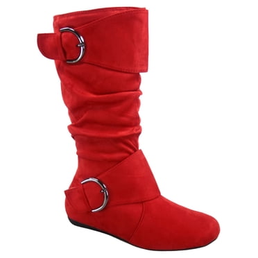 Zone 70 Women's Comfort Zipper Buckle Slouch Casual Flat Heel Mid Calf Round Toe Boots ( Red, 11)