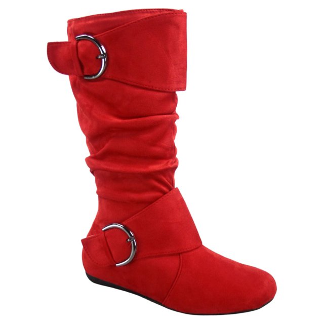 Bottes Mi-Mollet à Bout Rond pour Femmes Zone 70, Confort, Fermeture Éclair, Boucle, Style Plissé Décontracté, Talon Plat ( Rouge, 8.5)