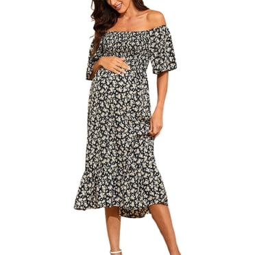 MEZZALL Womens Dress Floral Square Neck Midi Dresses Maternity Dress Pregnant Casual A-Line Dress Long Flowy Smocked Dress Lovely Dailywear L