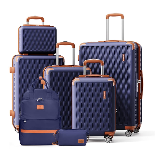 Melalenia Ensemble de Bagages 7 Pcs avec Valise Rigide ABS à Roulettes Pivotantes, Fini Bleu Marine Texturé avec accents orange. Comprend un Sac Cosmétique de 14 Pouces, un Bagage Cabine de 18 Pouces, un Bagage Cabine de 20 Pouces, un Bagage de Taille Moyenne de 24 Pouces, un Bagage Enregistré de 28 Pouces, un Sac à Dos de Voyage et un Organisateur de Voyage. Chaque Pièce Est Équipée de Roues Pivotantes Doubles à 360°, de Verrous TSA et de Fermetures Éclair YKK pour la Sécurité et la Commodité. L