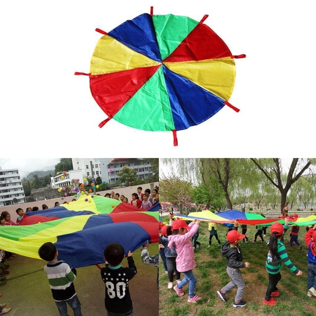 enqiretly Parachute for Kids with Handles 10ft, made of durable polyester fabric with reinforced web handles. The parachute features a vibrant multicolour design with 8 evenly spaced handles, ideal for group play and lawn games. Promotes cooperative activities, muscle building, and upper-body strength. Suitable for indoor and outdoor use, perfect for preschool, kindergarten, school, and backyard games.