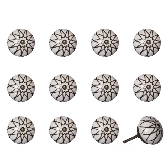 KNOB-IT vintage handpainted ceramic knobs 12-pack showing white round knobs with black geometric starburst patterns and metal bolts, each 1.5 inch diameter with 1.25 inch bolts that can be trimmed, ideal for cabinets and drawers, arranged in rows with one knob angled to show bolt.