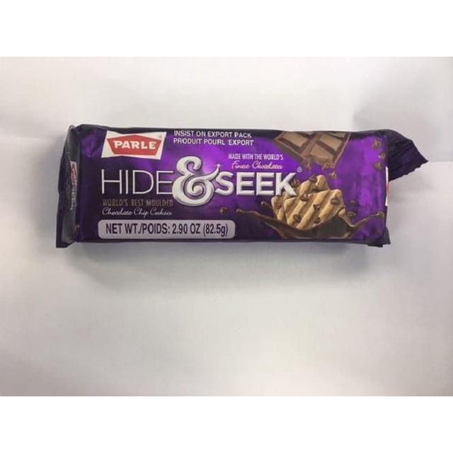 HIDE & SEEK BISCUITS au Chocolat par Parle, un Lot de 2,90 oz (82,5 g) de BISCUITS Moulés aux Pépites de Chocolat dans un Emballage Violet avec des Graphiques de Barre de Chocolat, Convenant comme Collation de Biscuit aux Pépites de Chocolat dans les sections de BISCUITS d'Épicerie et de Bonbons.