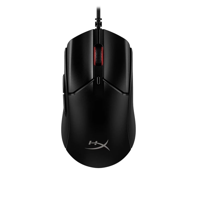 HyperX Pulsefire Haste 2 Gaming Mouse - Black, top-down view of a wired black gaming mouse with matte finish, red-accented scroll wheel, six programmable buttons including side grips, and silver HyperX logo on the palm rest, featuring ultra-lightweight 53g design and precision 26,000 DPI sensor suitable for fast, accurate gaming control.