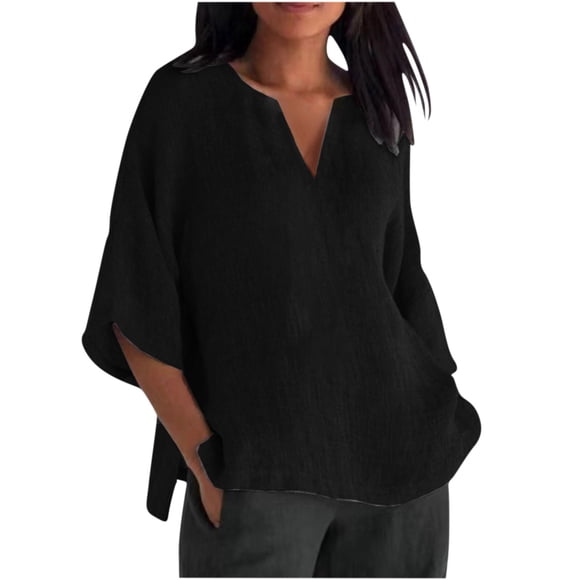 Mrat Women's Cotton Linen Shirt V Neck Tunic Tops 3/4 Sleeve Loose Fitting Tee Casual Solid Blouses S-53 Black m
