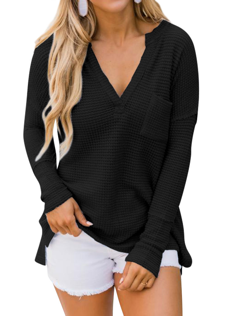 Women Side Split Hem V Neck Long Sleeve Pocket Pullover Shirt