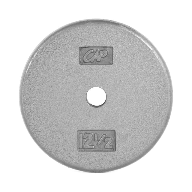 CAP Barbell Standard 1-Inch Cast Iron Weight Plate, 12.5 lb, Single, Grey, front-facing round grey cast iron weight plate with a 1-inch center hole, embossed CAP logo and '12 1/2' weight marking, textured baked enamel finish, designed for standard 1-inch bars, ideal for strength training and cardiovascular workouts, also suitable for customizing home gym weight sets.