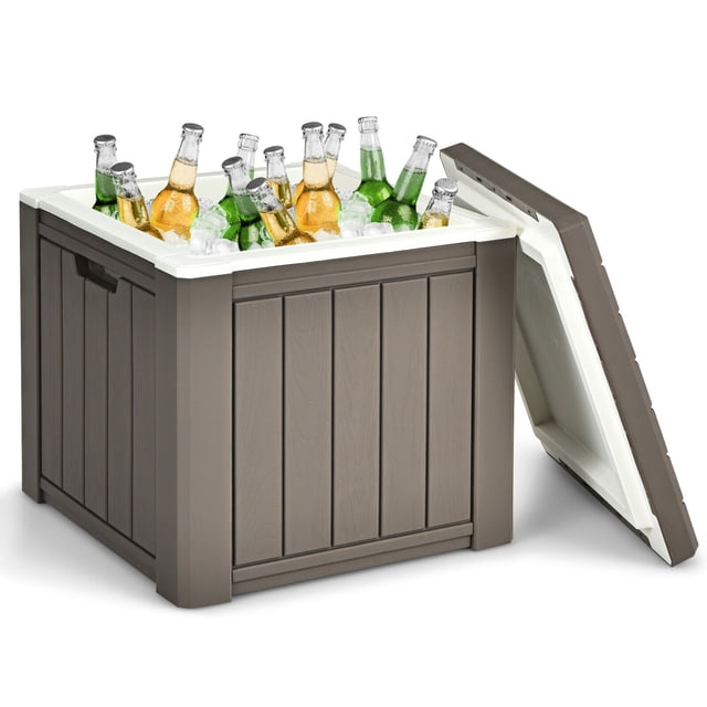 Gymax Glacière de Patio 10 Gallons pour Glaçons, Table Tabouret de Rangement avec Poignée, Brun.