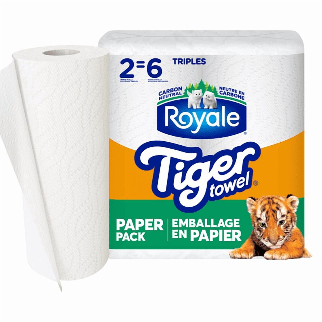 Tiger Towel Recyclable Paper Packaging, 2 Equal 6 Paper Towel Rolls, 147 Sheets per Roll